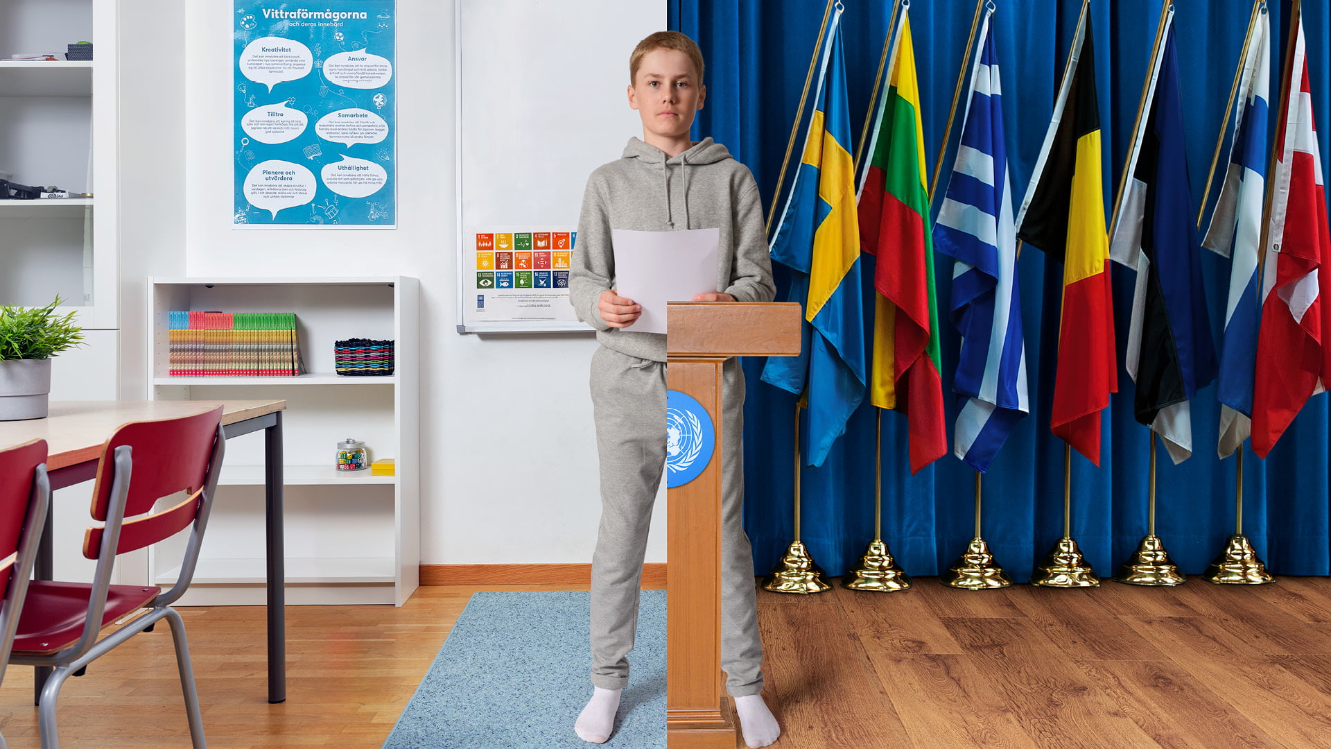 En elev med ena benet i klassrummet och ena benet i samhället