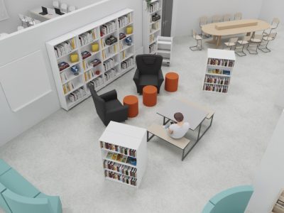 Vittra Telefonplans nya bibliotek ritat i 3D.