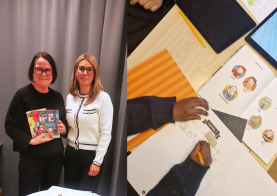 Kollage av två bilder. på ena bilden står Marita och Lisa med Lasse-Maja-böcker och på andra bilden sitter en elev skriver.