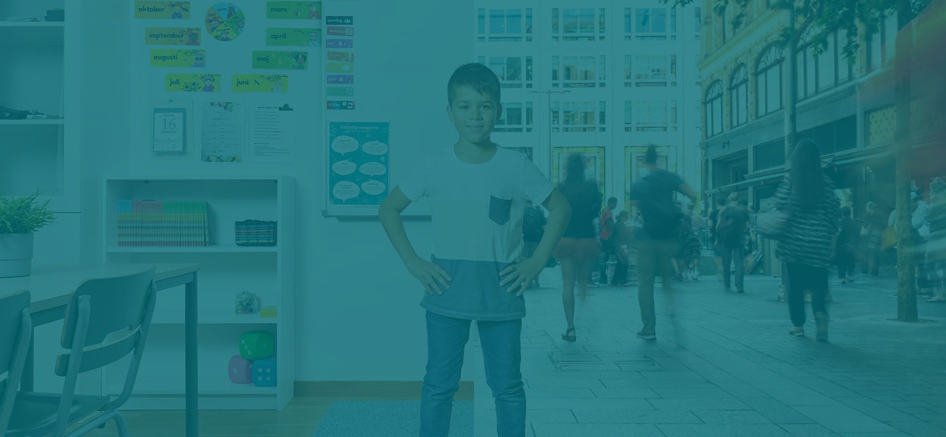 En elev på Vittra står med med ena benet i klassrummet och andra benet i samhället.