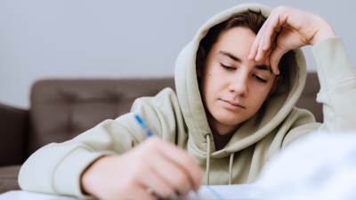 Elev pluggar hemma med huvan uppe och ser trött ut.